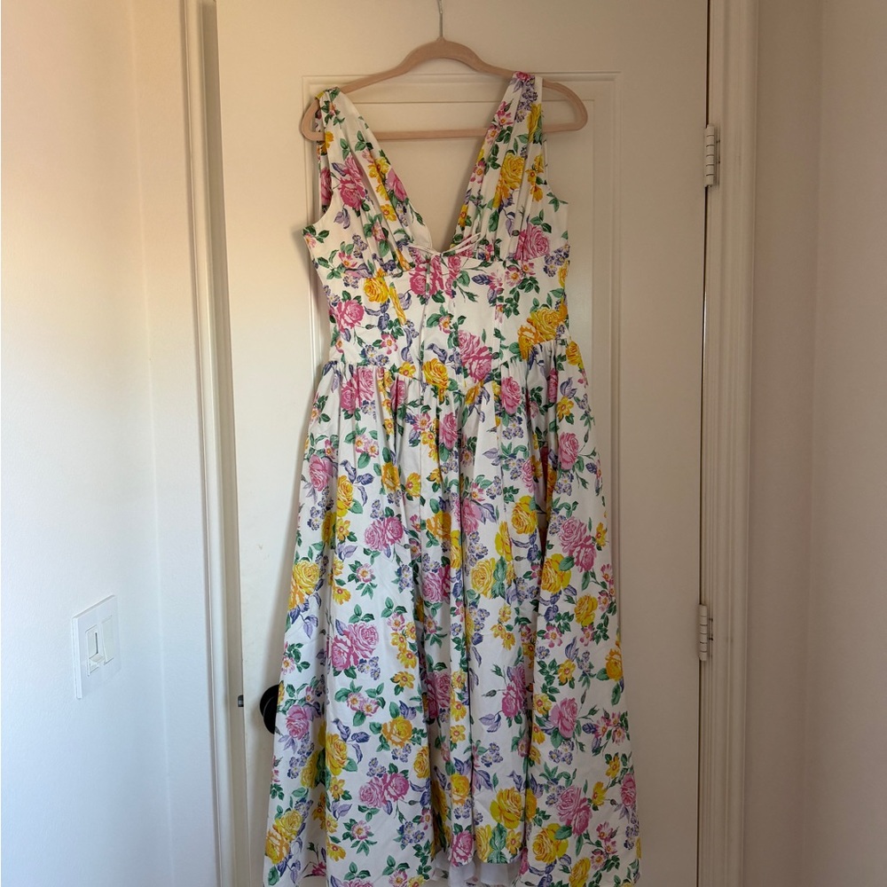 House of CB White Floral Midi Dress with Pink and Yellow Roses
